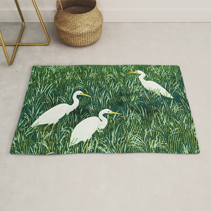White Egrets in Tall Green Grass Watercolor Rug Gallery Image 1