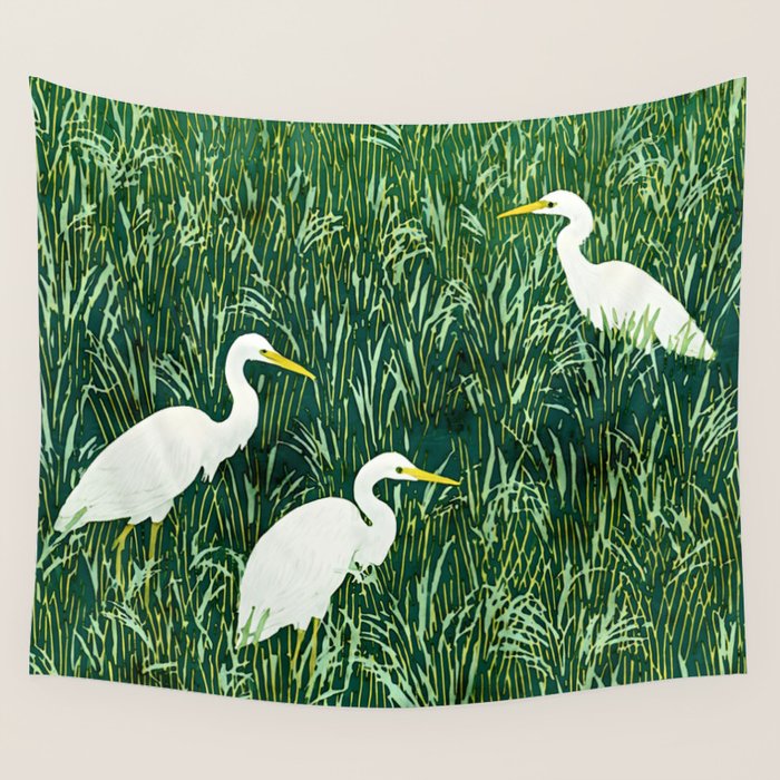 White Egrets in Tall Green Grass Watercolor Wall Tapestry Gallery Image 4