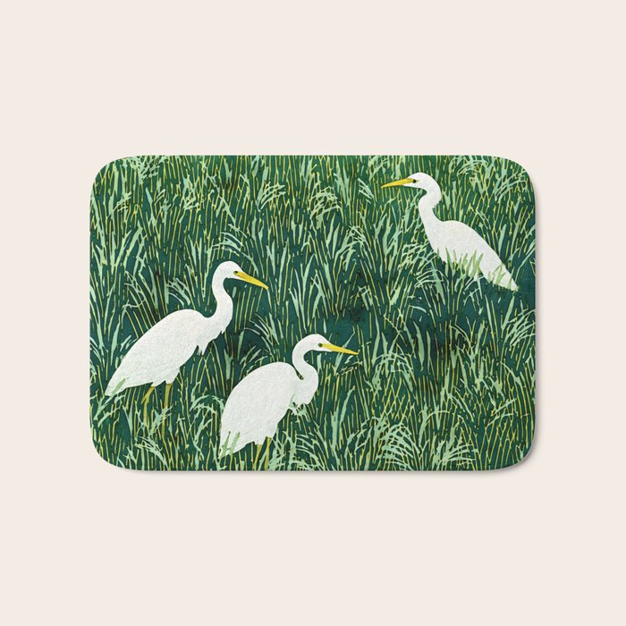 White Egrets in Tall Green Grass Watercolor Bath Mat Gallery Image 1