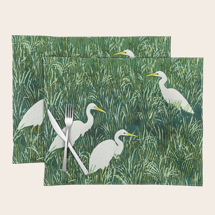 White Egrets in Tall Green Grass Watercolor Placemat Gallery Image 1