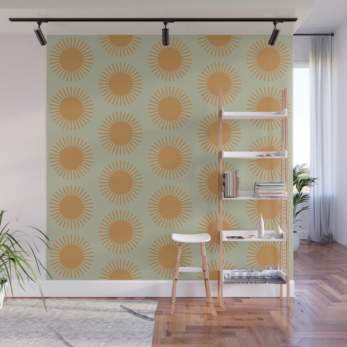 Boho Summer Sun Pattern VIII Sage and Orange Wall Mural Gallery Image 1