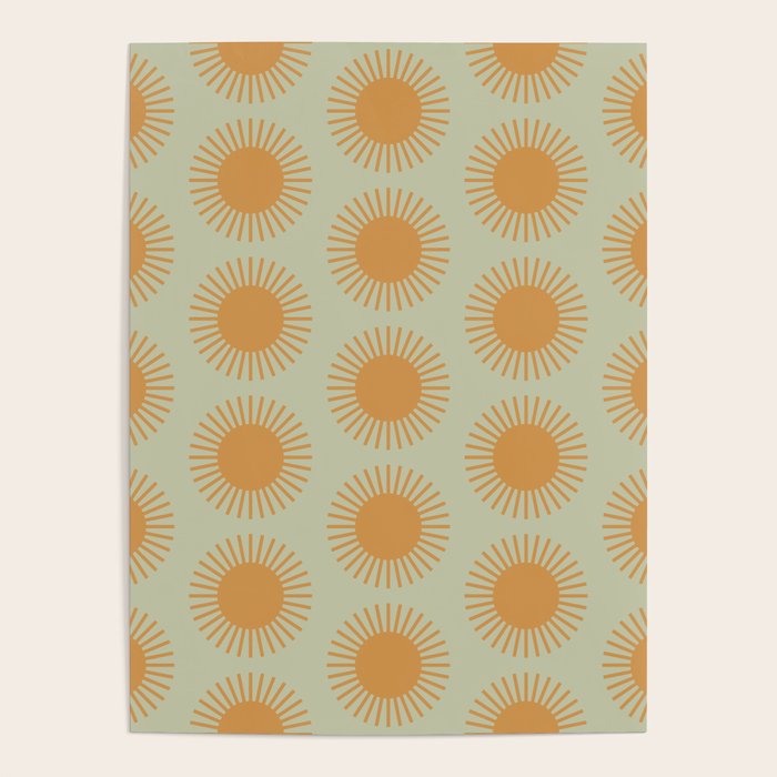 Boho Summer Sun Pattern VIII Sage and Orange Poster Gallery Image 1
