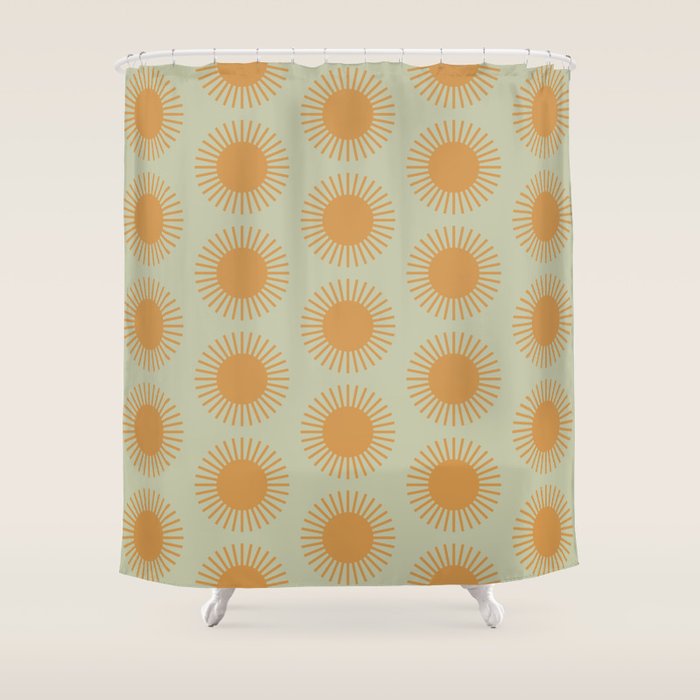 Boho Summer Sun Pattern VIII Sage and Orange Shower Curtain Gallery Image 1