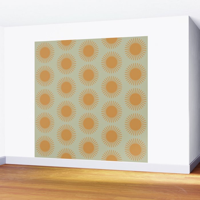 Boho Summer Sun Pattern VIII Sage and Orange Wall Mural Gallery Image 2