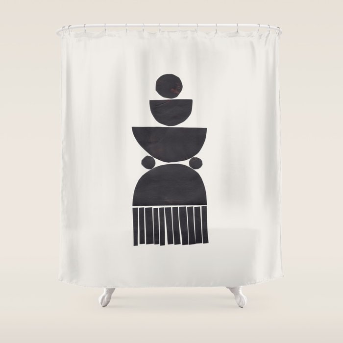 Black & White Minimalist Mid Century Paper collage Funky Black Ink Tribal Geometric by Ejaaz Haniff Shower Curtain Gallery Image 1