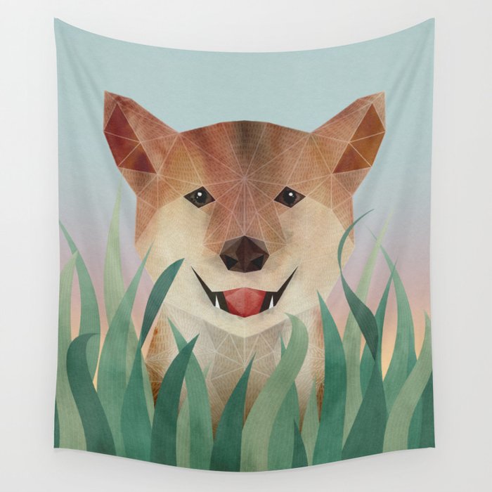 Happy Shiba in the Grass (Sunrise Dog) Wall Tapestry Gallery Image 4