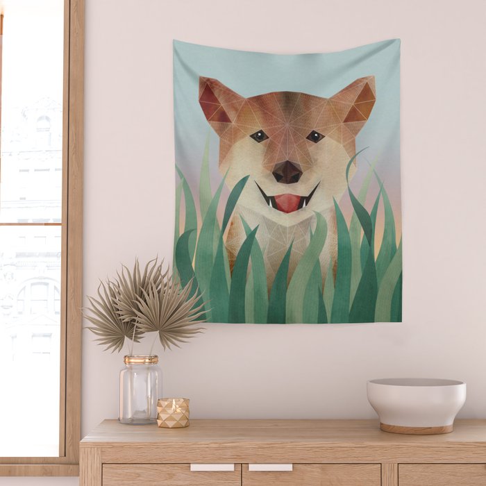 Happy Shiba in the Grass (Sunrise Dog) Wall Tapestry Gallery Image 2