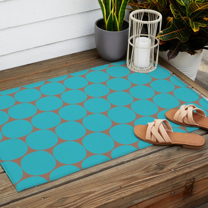 Mid Century Modern Dots Pattern in Turquoise Blue and Mocha Brown Outdoor Rug Gallery Image 2