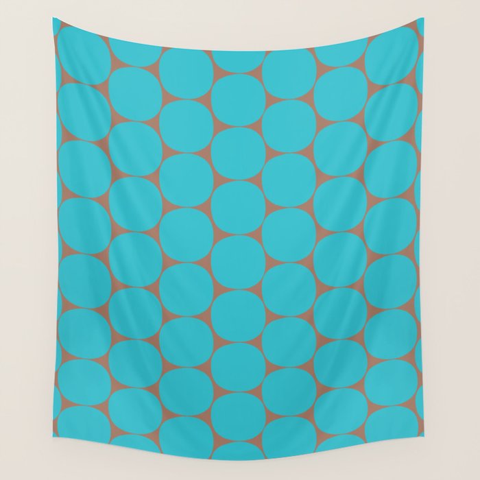Mid Century Modern Dots Pattern in Turquoise Blue and Mocha Brown Wall Tapestry Gallery Image 1