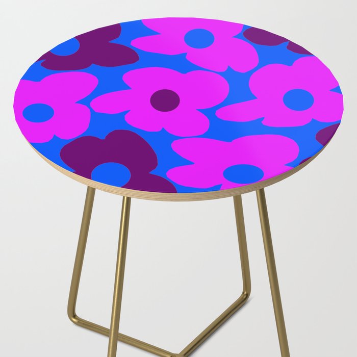 Large Pink and Purple Retro Flowers Blue Background #decor #society6 #buyart Side Table Gallery Image 2