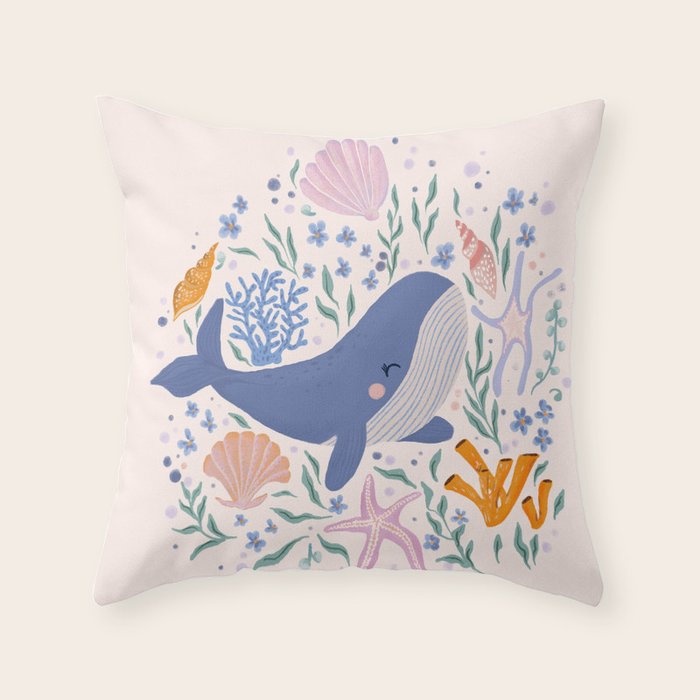 Adorable Whale and Sea Life illustration Throw Pillow Gallery Image 1