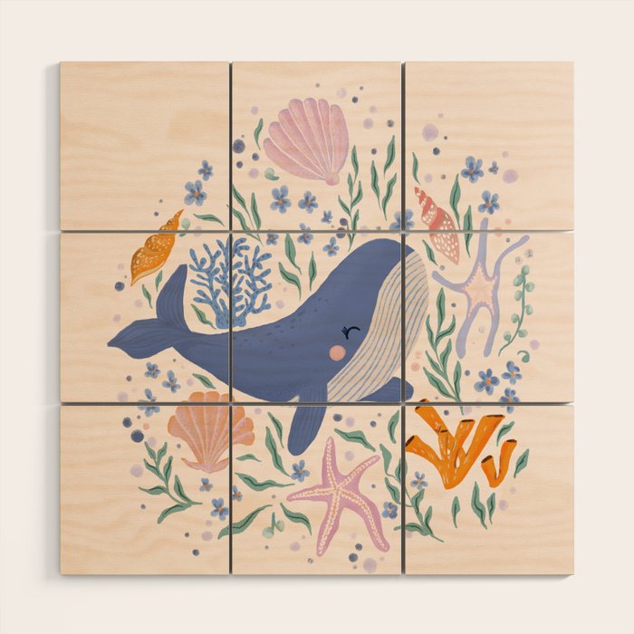 Adorable Whale and Sea Life illustration Wood Wall Art Gallery Image 1