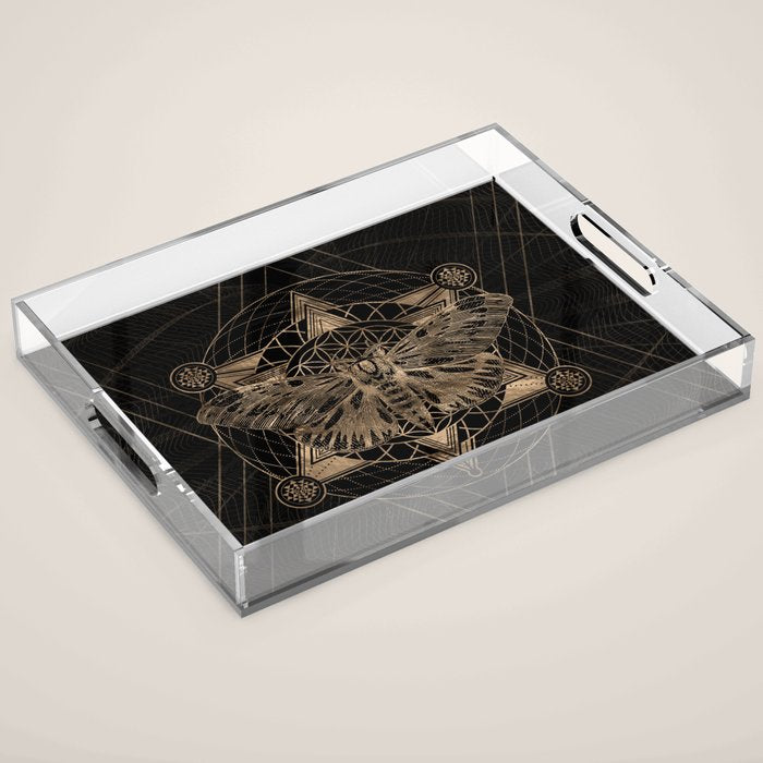 Regal moth in Sacred Geometry - Black and Gold Acrylic Tray Gallery Image 1