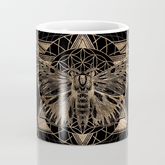 Regal moth in Sacred Geometry - Black and Gold Coffee Mug Gallery Image 4