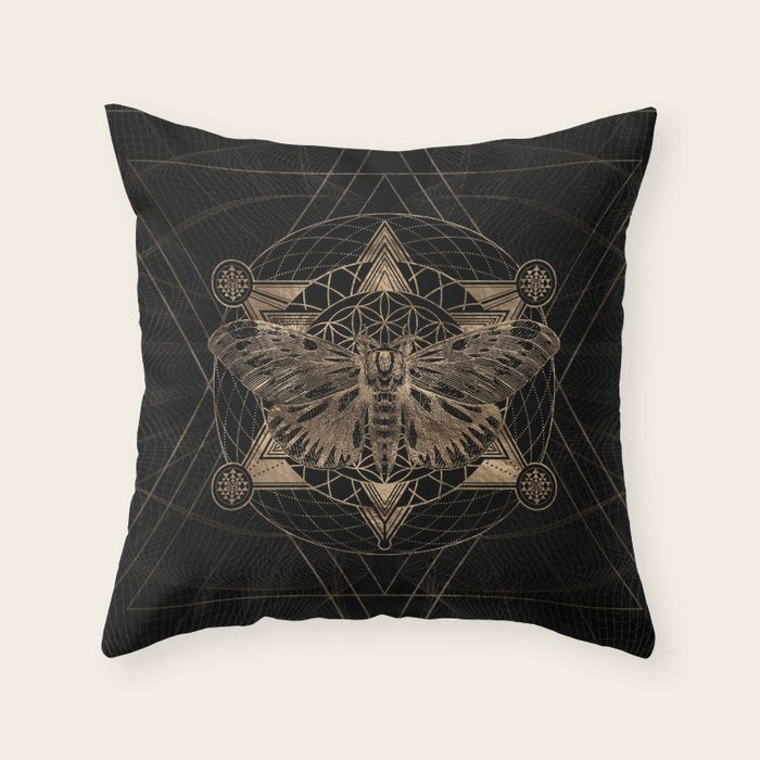 Regal moth in Sacred Geometry - Black and Gold Throw Pillow Gallery Image 1