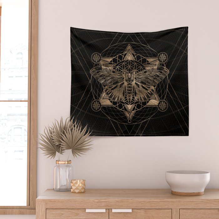 Regal moth in Sacred Geometry - Black and Gold Wall Tapestry Gallery Image 2