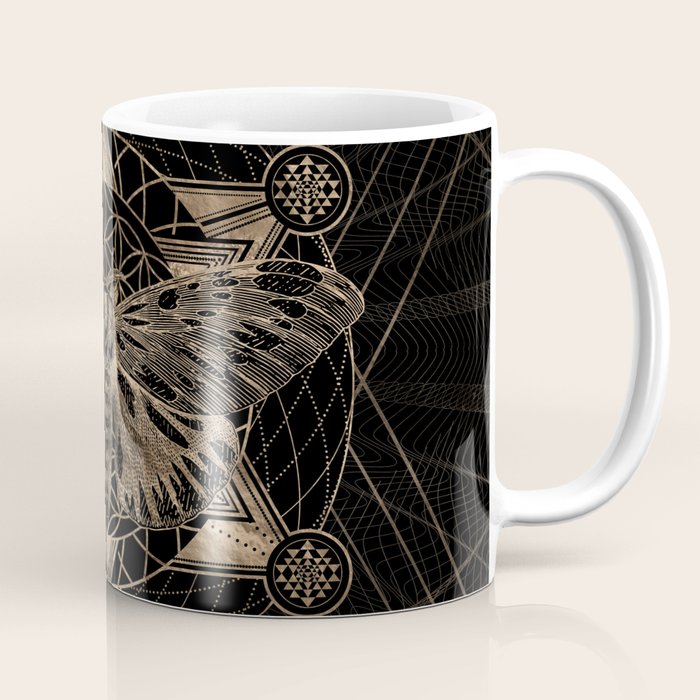 Regal moth in Sacred Geometry - Black and Gold Coffee Mug Gallery Image 1