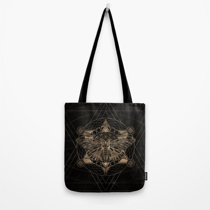 Regal moth in Sacred Geometry - Black and Gold Tote Bag Gallery Image 2