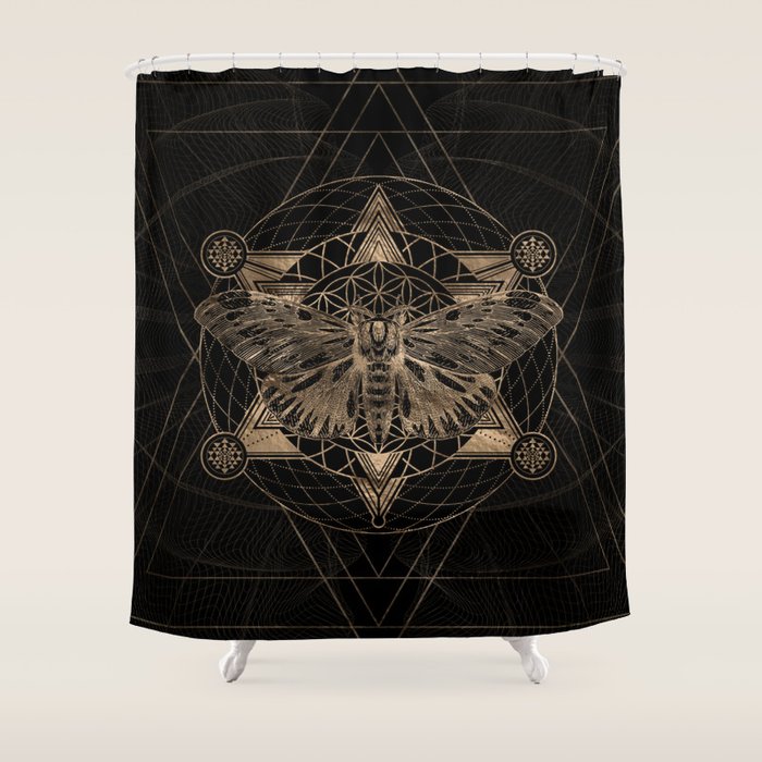 Regal moth in Sacred Geometry - Black and Gold Shower Curtain Gallery Image 1