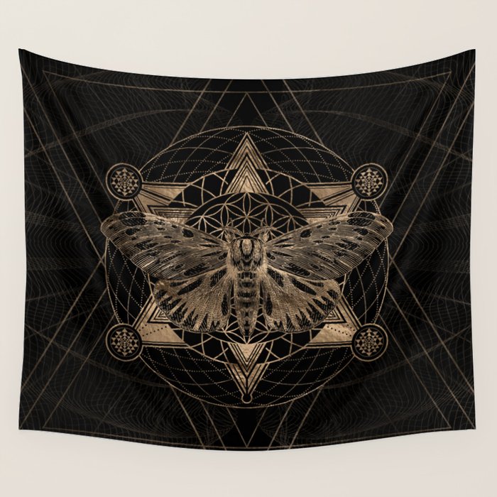 Regal moth in Sacred Geometry - Black and Gold Wall Tapestry Gallery Image 4