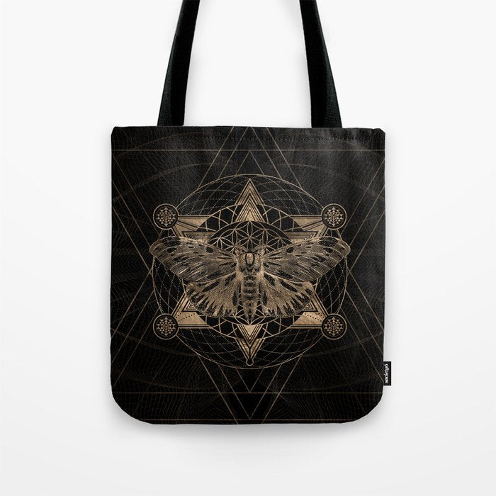 Regal moth in Sacred Geometry - Black and Gold Tote Bag Gallery Image 1