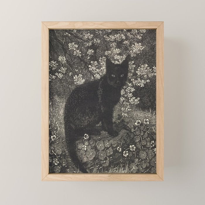 The witch - Lionel Lindsay - Wood Engraving Print Black Cat Gothic Mini Art Print Gallery Image 1
