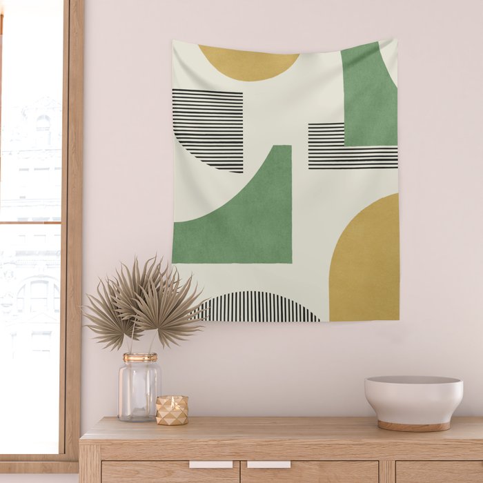 Abstract Lines Composition - Green Yellow Wall Tapestry Gallery Image 2