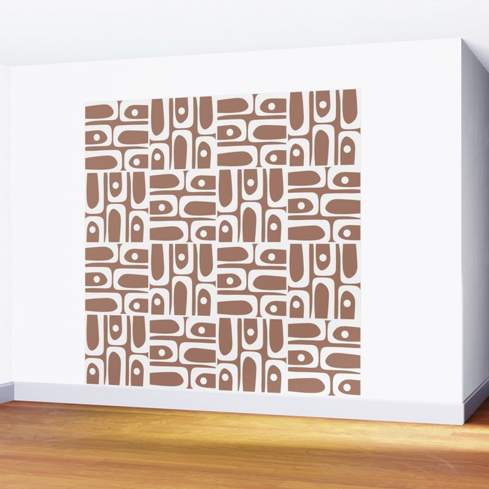 Mid Century Modern Piquet Abstract Multi Geometric Pattern in Mocha Brown and White Wall Mural Gallery Image 2