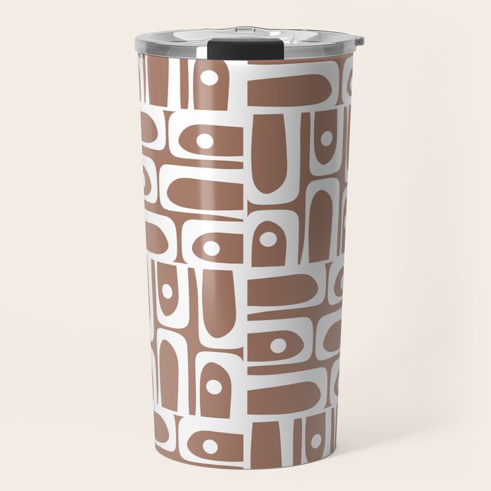 Mid Century Modern Piquet Abstract Multi Geometric Pattern in Mocha Brown and White Travel Mug Gallery Image 1