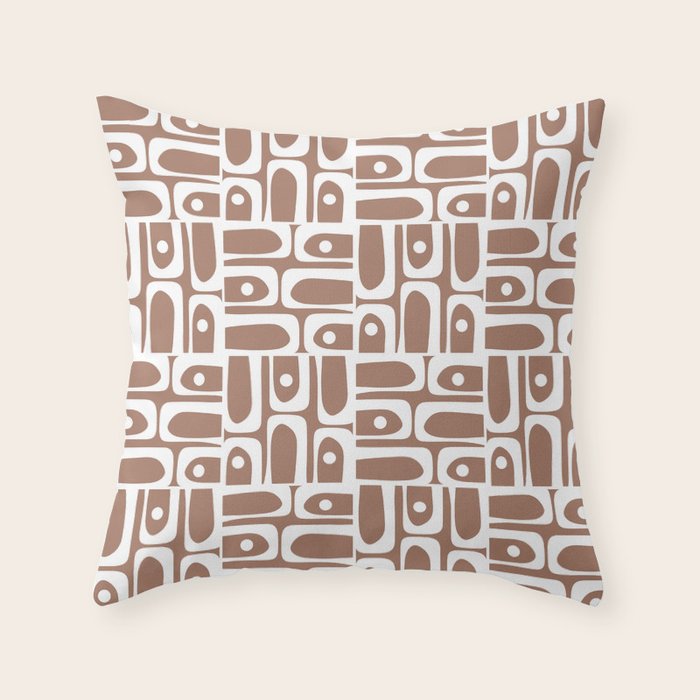 Mid Century Modern Piquet Abstract Multi Geometric Pattern in Mocha Brown and White Throw Pillow Gallery Image 6