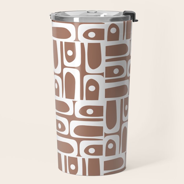 Mid Century Modern Piquet Abstract Multi Geometric Pattern in Mocha Brown and White Travel Mug Gallery Image 2