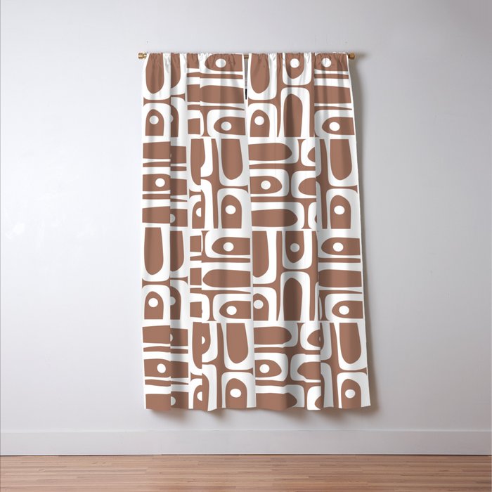 Mid Century Modern Piquet Abstract Multi Geometric Pattern in Mocha Brown and White Window Curtain Gallery Image 3