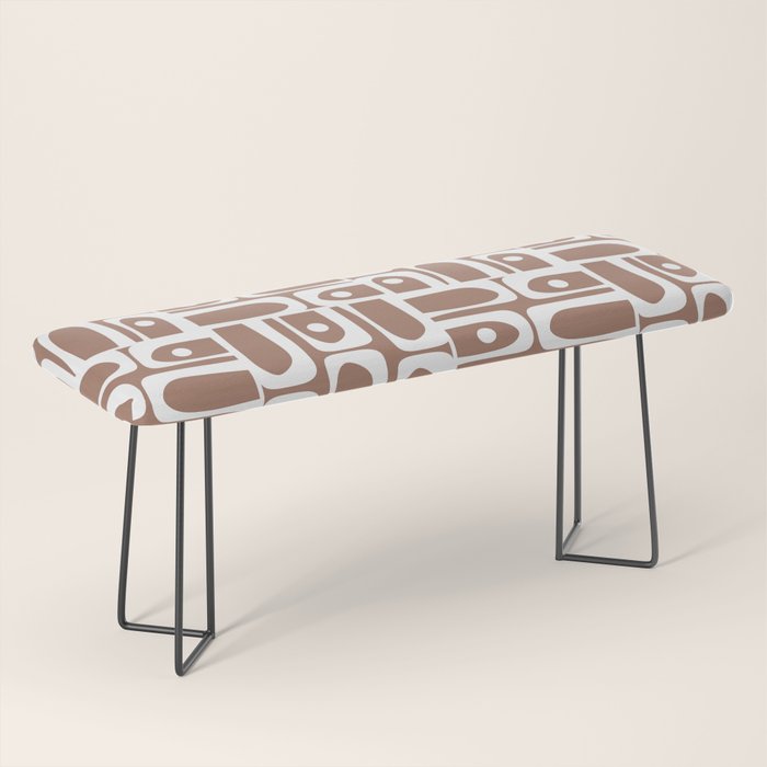 Mid Century Modern Piquet Abstract Multi Geometric Pattern in Mocha Brown and White Bench Gallery Image 1