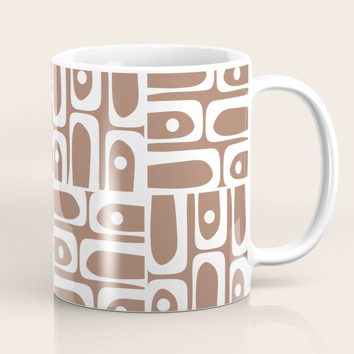 Mid Century Modern Piquet Abstract Multi Geometric Pattern in Mocha Brown and White Coffee Mug Gallery Image 1