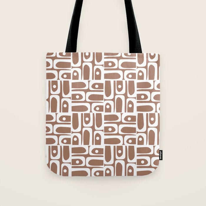 Mid Century Modern Piquet Abstract Multi Geometric Pattern in Mocha Brown and White Tote Bag Gallery Image 1