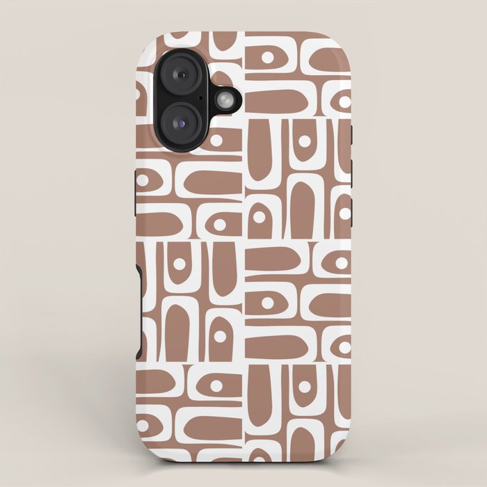 Mid Century Modern Piquet Abstract Multi Geometric Pattern in Mocha Brown and White iPhone Case Gallery Image 1