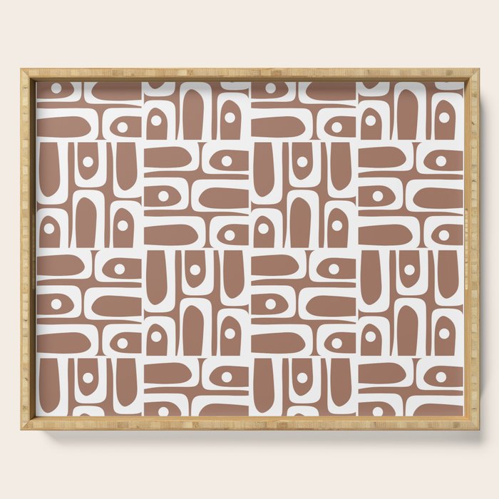 Mid Century Modern Piquet Abstract Multi Geometric Pattern in Mocha Brown and White Serving Tray Gallery Image 1