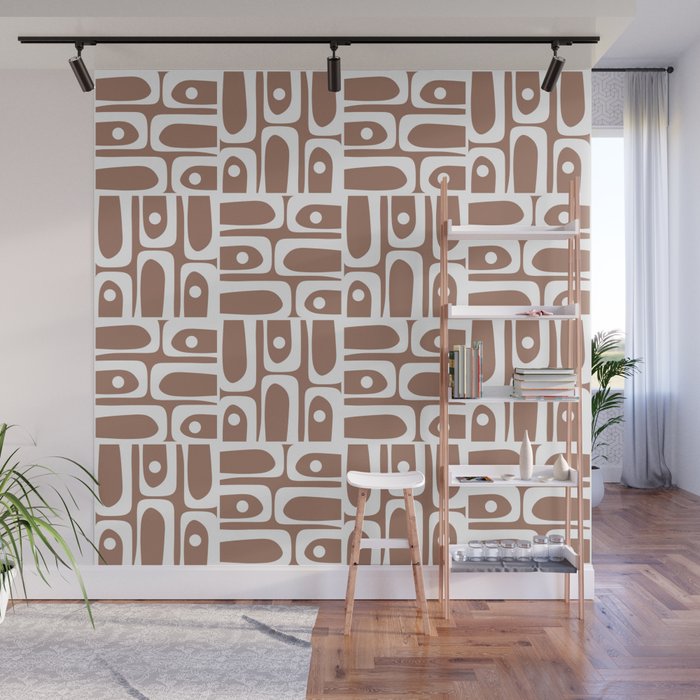 Mid Century Modern Piquet Abstract Multi Geometric Pattern in Mocha Brown and White Wall Mural Gallery Image 1
