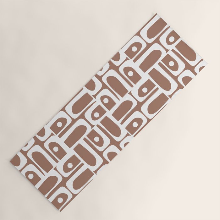 Mid Century Modern Piquet Abstract Multi Geometric Pattern in Mocha Brown and White Yoga Mat Gallery Image 1