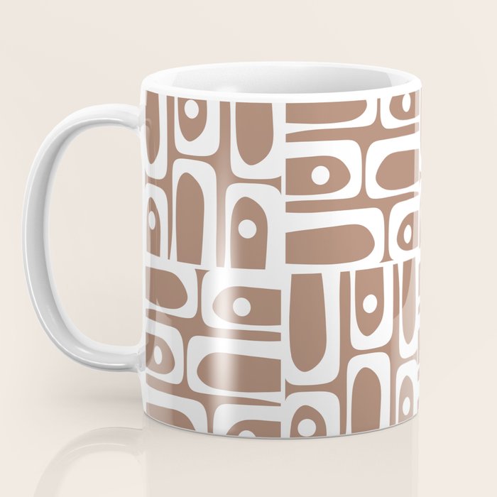 Mid Century Modern Piquet Abstract Multi Geometric Pattern in Mocha Brown and White Coffee Mug Gallery Image 3