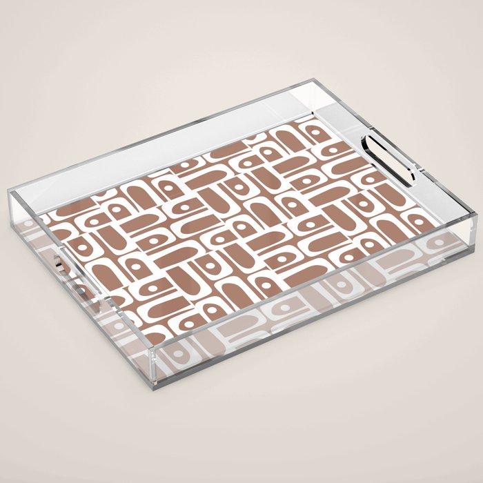 Mid Century Modern Piquet Abstract Multi Geometric Pattern in Mocha Brown and White Acrylic Tray Gallery Image 1