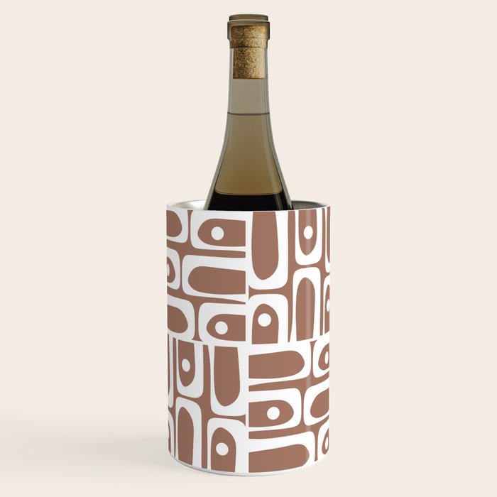 Mid Century Modern Piquet Abstract Multi Geometric Pattern in Mocha Brown and White Wine Chiller Gallery Image 1