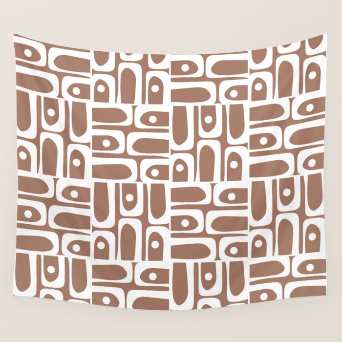 Mid Century Modern Piquet Abstract Multi Geometric Pattern in Mocha Brown and White Wall Tapestry Gallery Image 4