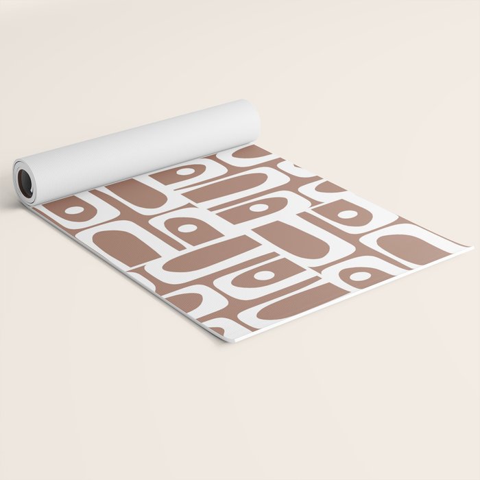 Mid Century Modern Piquet Abstract Multi Geometric Pattern in Mocha Brown and White Yoga Mat Gallery Image 2