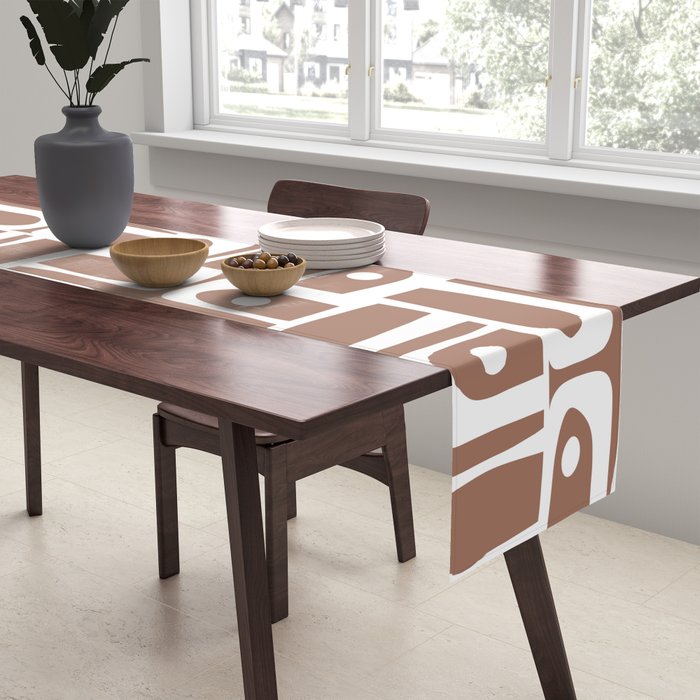 Mid Century Modern Piquet Abstract Multi Geometric Pattern in Mocha Brown and White Table Runner Gallery Image 2