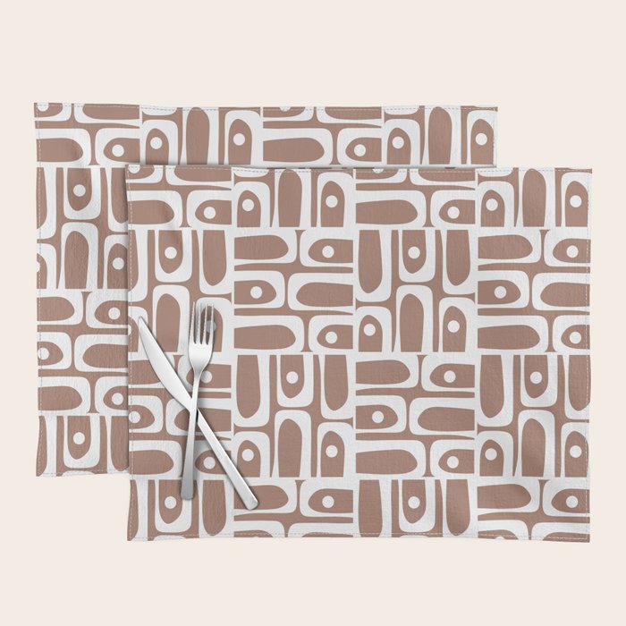 Mid Century Modern Piquet Abstract Multi Geometric Pattern in Mocha Brown and White Placemat Gallery Image 1