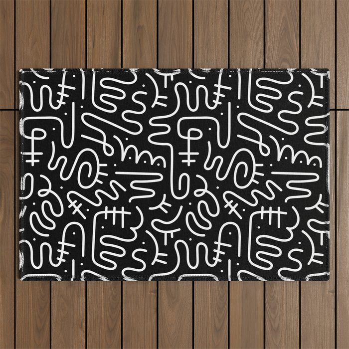 Abstract black and white line doodle pattern Outdoor Rug Gallery Image 1