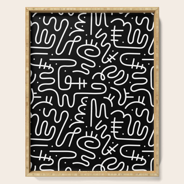 Abstract black and white line doodle pattern Serving Tray Gallery Image 1