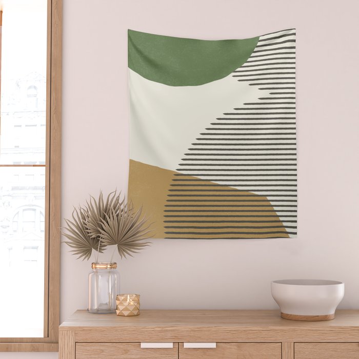 Lines Color Shapes - Green Black Gold Wall Tapestry Gallery Image 2