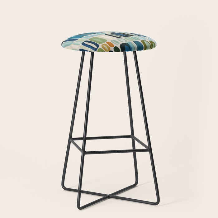 Mid Century Organic Pebble Pattern in Blue and Sage Stool Gallery Image 1